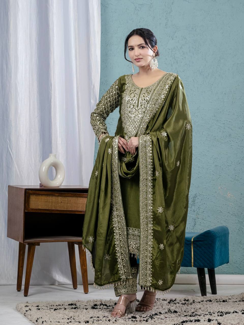 Deep Moss Satin Embellished Set